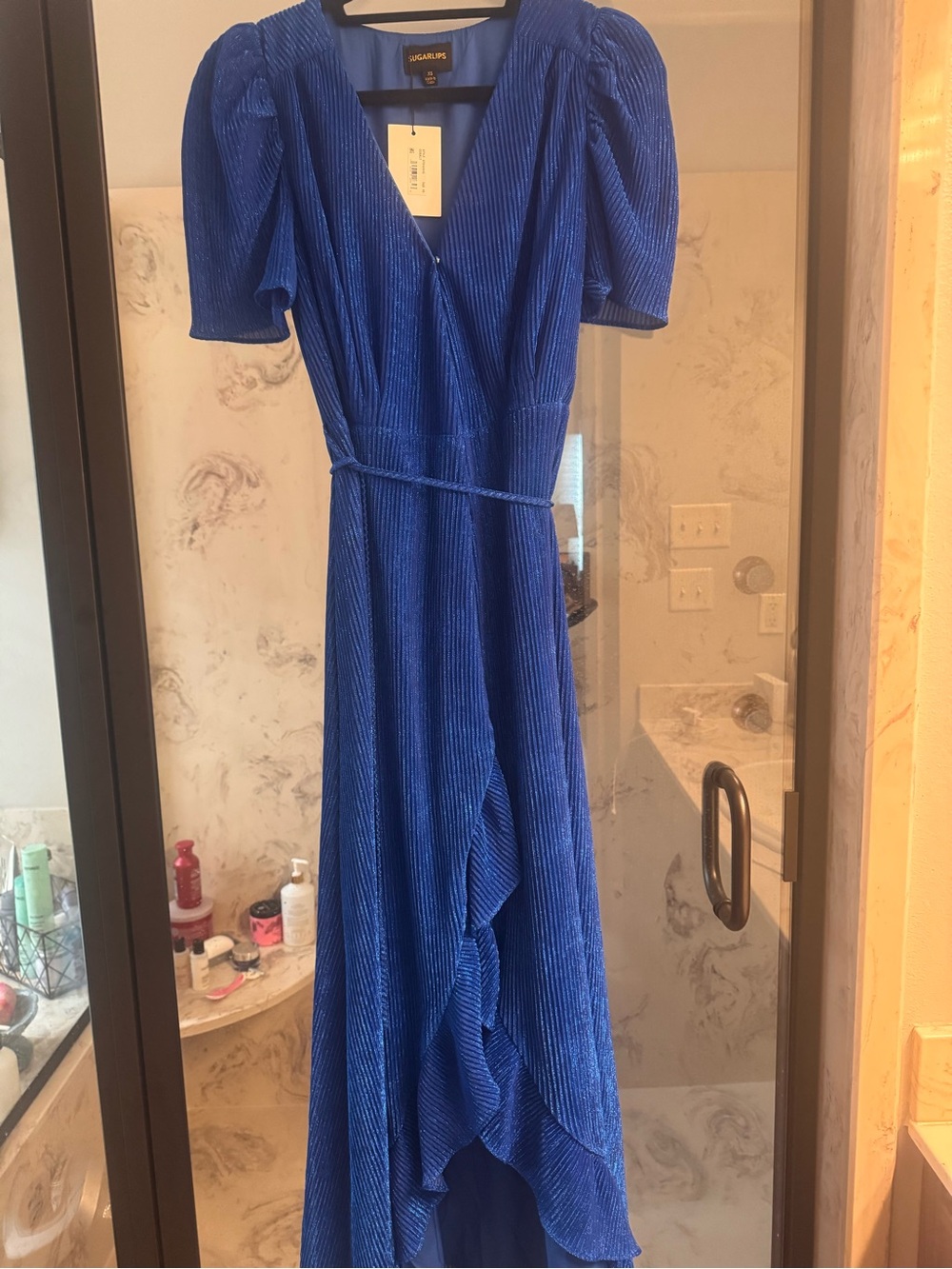 Sugarlips Royal Blue High-Low Pleated Wrap Dress